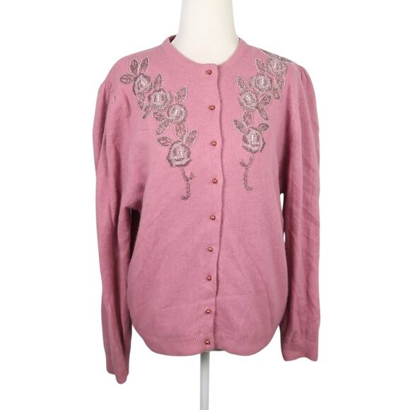 Vintage 80s Ladies' Guide Rose Pink Wool Blend Beaded Cardigan Sweater L - Picture 1 of 7